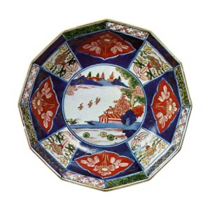 Bowl with design of landscape with pavilion, enamelled ware