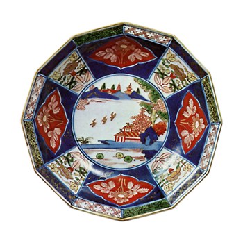 Bowl with design of landscape with pavilion, enamelled ware