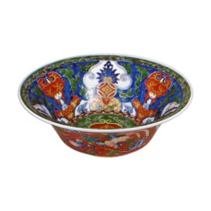 Bowl with character meaning "Congratulations", enamelled ware