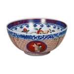 Bowl with design of peonies and figures in roundels, enamelled ware