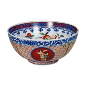 Bowl with design of peonies and figures in roundels, enamelled ware