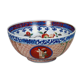 Bowl with design of peonies and figures in roundels, enamelled ware