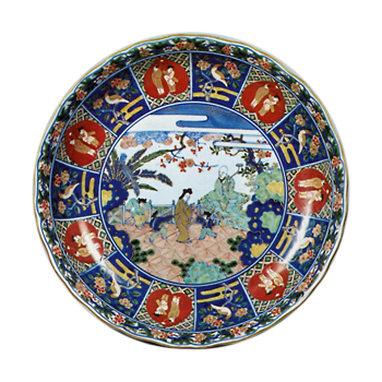 Large dish with figure design, enamelled ware