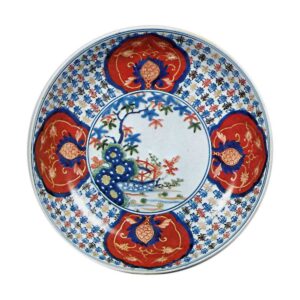 Large dish with design of trees and hand-rail, enamelled ware