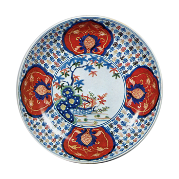 Large dish with design of trees and hand-rail, enamelled ware