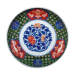 Dish with peony and scroll design, enamelled ware