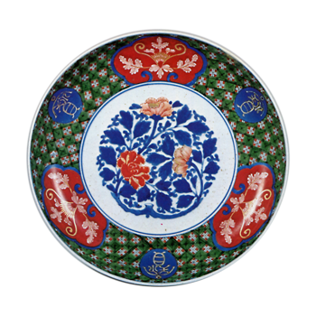 Dish with peony and scroll design, enamelled ware