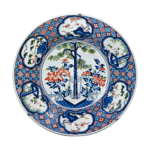 Large dish with design of peonies and tree, enamelled ware