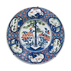 Large dish with design of peonies and tree, enamelled ware