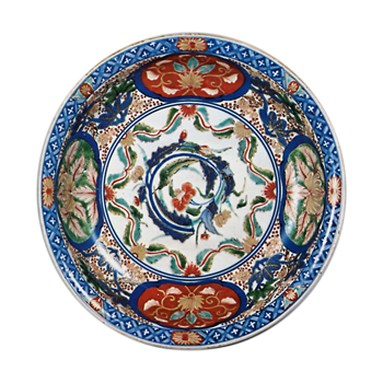 Dish with flower roundel design, enamelled ware