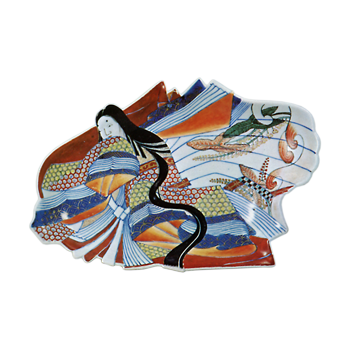 Dish with design of court lady, enamelled ware