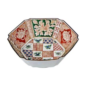 Hexagonal bowl with cusped corners, with checker design, enamelled ware