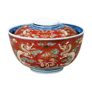 Covered tea bowl with design of dragons in clouds and "various treasures", enamelled ware