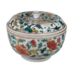 Covered bowl with scrolling peony design, enamelled ware