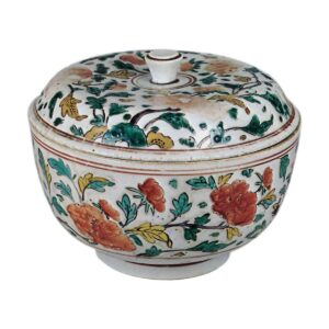 Covered bowl with scrolling peony design, enamelled ware