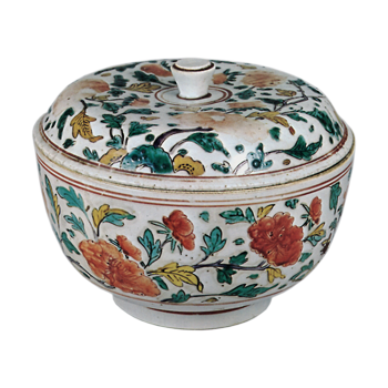 Covered bowl with scrolling peony design, enamelled ware