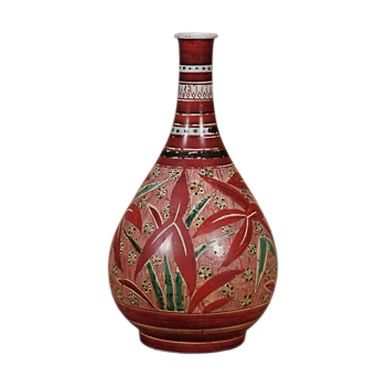 Large wine bottle with water plantain design, enamelled ware
