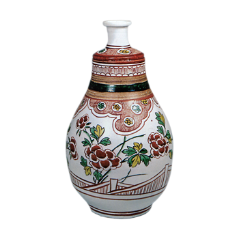 Wine bottle with peony design, enamelled ware