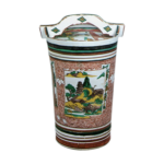 Jar in shape of tsuno-oke (two-handled pail) with landscape design, enamelled ware