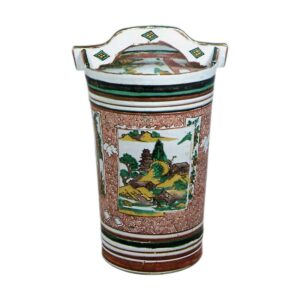 Jar in shape of tsuno-oke (two-handled pail) with landscape design, enamelled ware