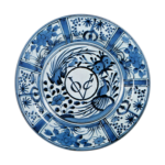 Large dish with design of flowers-and-birds and Dutch letters, blue and white