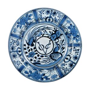 Large dish with design of flowers-and-birds and Dutch letters, blue and white