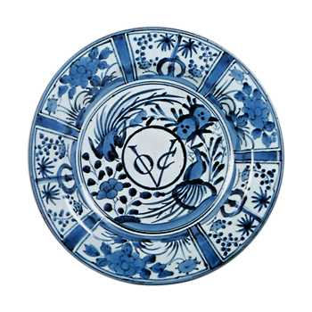 Large dish with design of flowers-and-birds and Dutch letters, blue and white