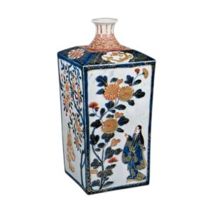 Square bottle with flower design, enamelled ware