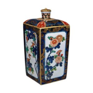 Square bottle with flower and figure design, enamelled ware