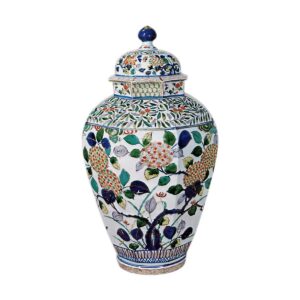 Large octagonal jar with ajisai (hydrangea) plant design, enamelled ware