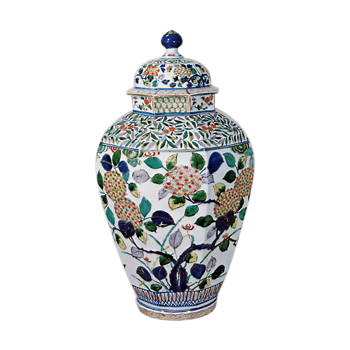 Large octagonal jar with ajisai (hydrangea) plant design, enamelled ware