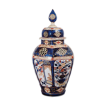 Large hexagonal jar with design of figure and flowers in pot, enamelled ware