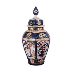 Large hexagonal jar with design of figure and flowers in pot, enamelled ware