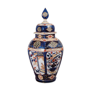 Large hexagonal jar with design of figure and flowers in pot, enamelled ware