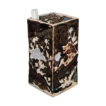 Square wine bottle with design of shishi lions and peonies, underglaze blue, overglaze iron brownglaze