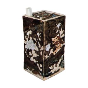 Square wine bottle with design of shishi lions and peonies, underglaze blue, overglaze iron brownglaze