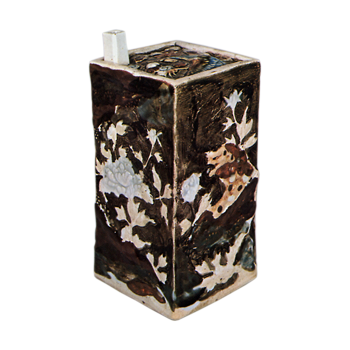 Square wine bottle with design of shishi lions and peonies, underglaze blue, overglaze iron brownglaze