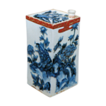 Square wine bottle with design of shishi imaginary animal like llon and peonies. enamelled ware