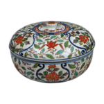 Covered bowl with scrolling grass design, enamelled ware