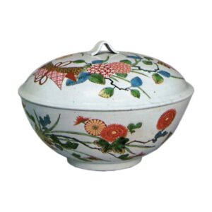 Covered bowl with design of boundle of flowers. enamelled ware