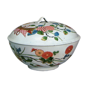 Covered bowl with design of boundle of flowers. enamelled ware