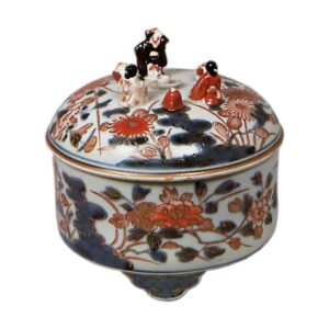 Covered bowl with peony and chrysanthemum design, enamelled ware