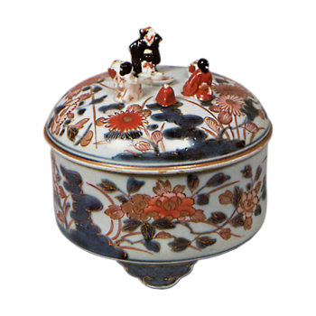 Covered bowl with peony and chrysanthemum design, enamelled ware