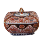 Covered square bowl with chrysanthemum and clematis design, enamelled ware