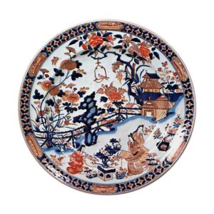 Large dish with pavilion and beauty design, enamelled ware