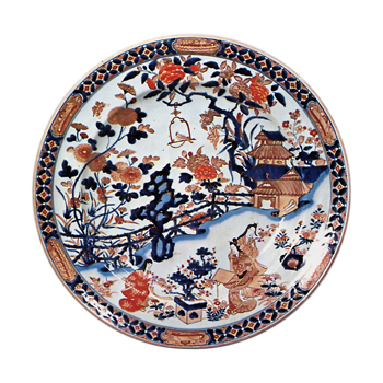 Large dish with pavilion and beauty design, enamelled ware