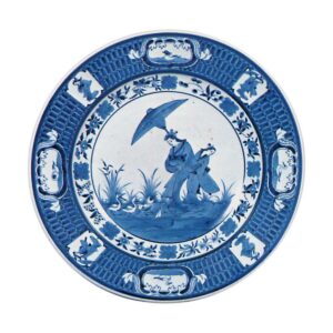 Large dish with beauty and heron design, blue and white