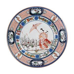 Large dish with beauty and heron design, enamelled ware