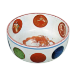 Bowl with red roundel and dragon design, enamelled ware