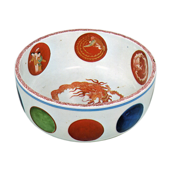 Bowl with red roundel and dragon design, enamelled ware